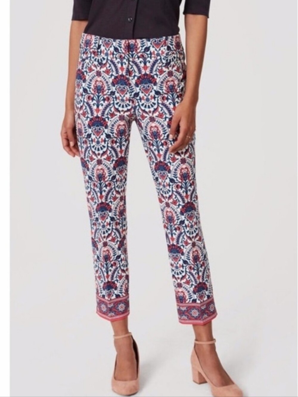 LOFT Marisa Cropped Pant Riviera Stretch Paisley Print Pink Blue Size 10
